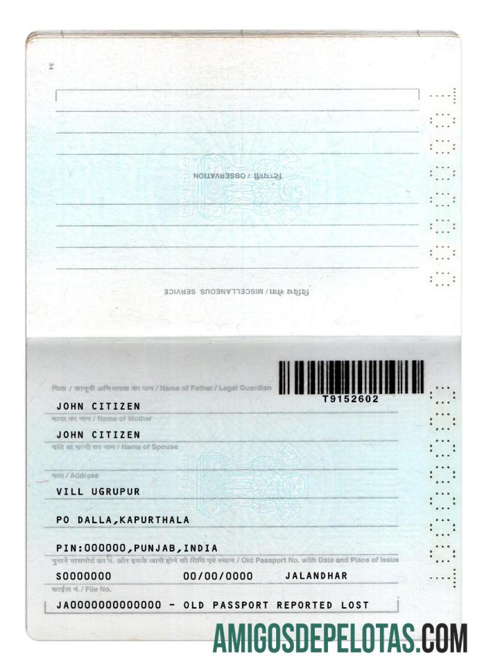 Passaporte da Índia Nova Versão 2 Páginas 2 baixar para verificação